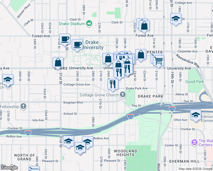 map of restaurants, bars, coffee shops, grocery stores, and more near 1100 26th Street in Des Moines