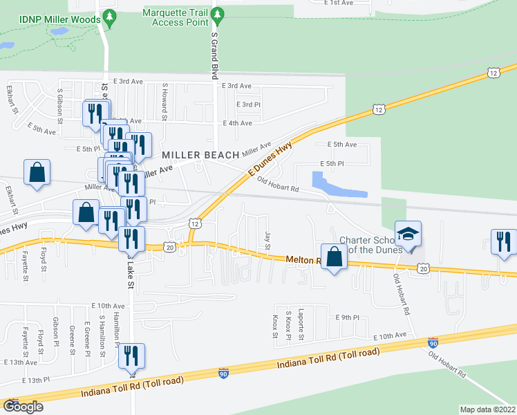 map of restaurants, bars, coffee shops, grocery stores, and more near 6600 Melton Road in Gary