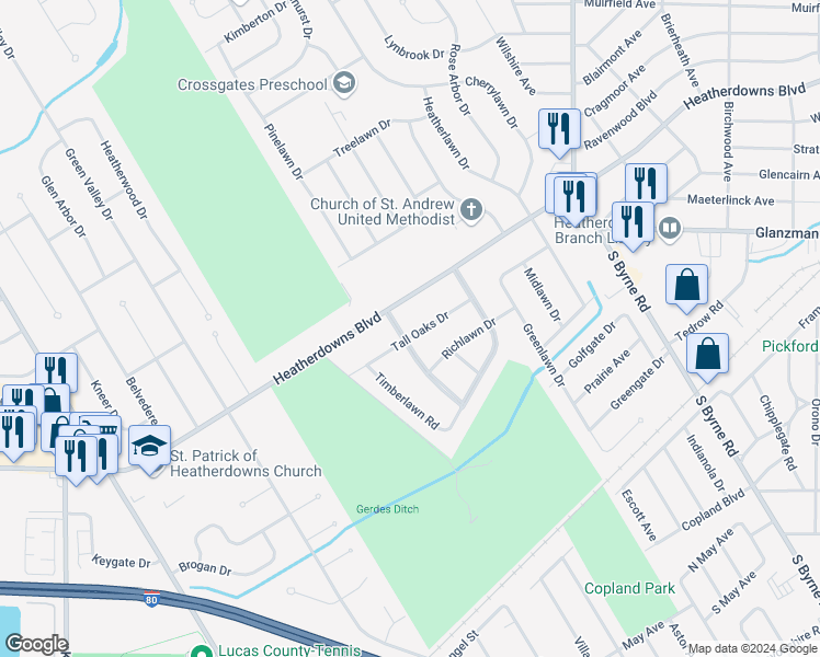 map of restaurants, bars, coffee shops, grocery stores, and more near 3772 Tall Oaks Drive in Toledo
