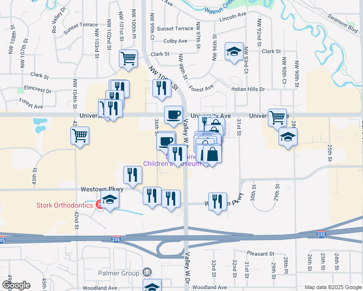 map of restaurants, bars, coffee shops, grocery stores, and more near 1800 Valley West Drive in West Des Moines