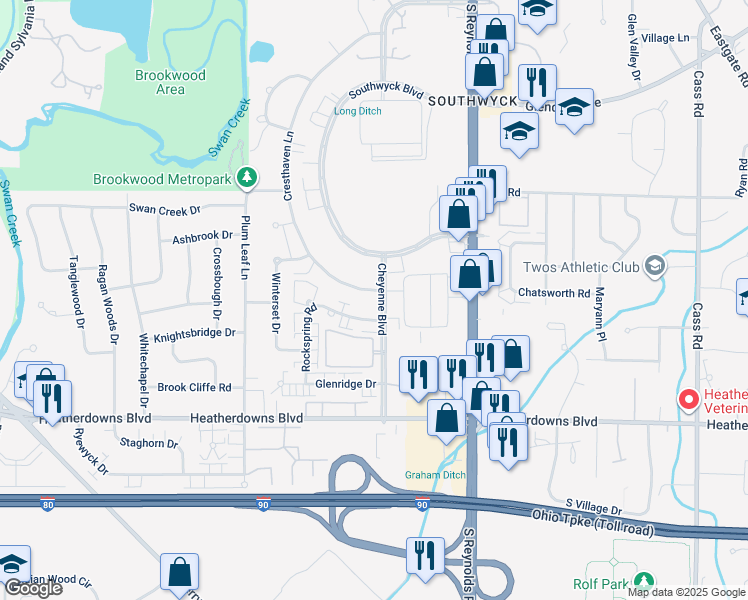 map of restaurants, bars, coffee shops, grocery stores, and more near 5359 Cresthaven Lane in Toledo