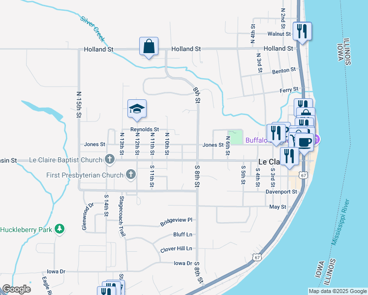 map of restaurants, bars, coffee shops, grocery stores, and more near 827 Wisconsin Street in Le Claire