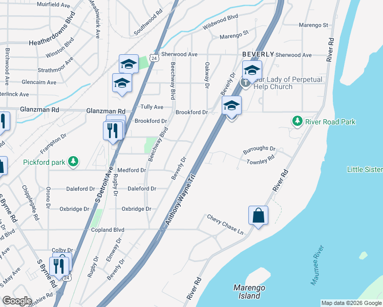 map of restaurants, bars, coffee shops, grocery stores, and more near 3728 Anthony Wayne Trail in Toledo