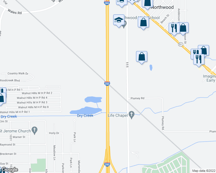 map of restaurants, bars, coffee shops, grocery stores, and more near Interstate 280 in Northwood
