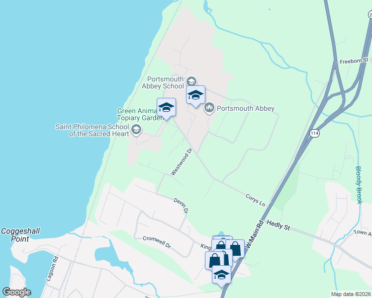 map of restaurants, bars, coffee shops, grocery stores, and more near 8 Westwood Drive in Portsmouth