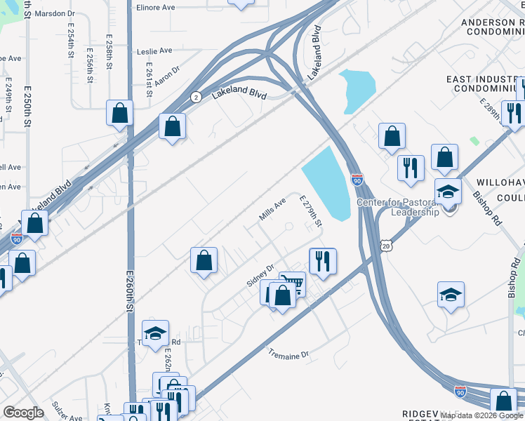 map of restaurants, bars, coffee shops, grocery stores, and more near 27650 Mills Avenue in Euclid