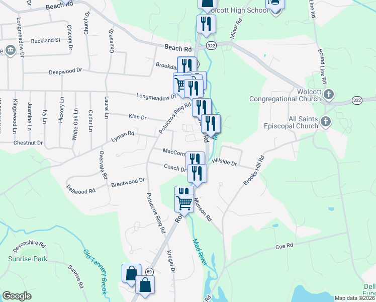 map of restaurants, bars, coffee shops, grocery stores, and more near 17 MacCormack Drive in Wolcott