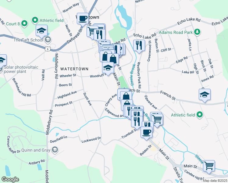 map of restaurants, bars, coffee shops, grocery stores, and more near 18 Cherry Avenue in Watertown