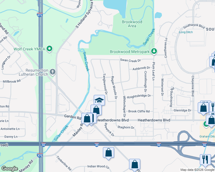 map of restaurants, bars, coffee shops, grocery stores, and more near 2306 Tanglewood Drive in Toledo