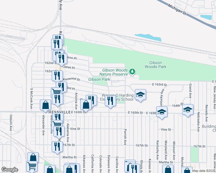 map of restaurants, bars, coffee shops, grocery stores, and more near 6300 Delaware Avenue in Hammond