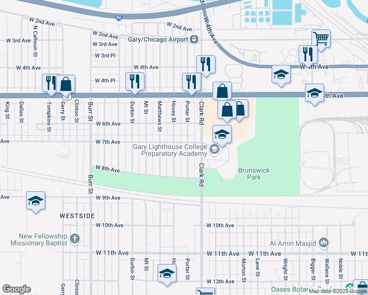 map of restaurants, bars, coffee shops, grocery stores, and more near 737 Hovey Street in Gary