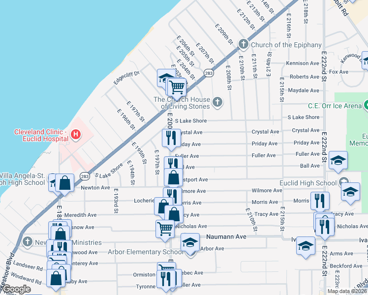 map of restaurants, bars, coffee shops, grocery stores, and more near 20321 Fuller Avenue in Euclid