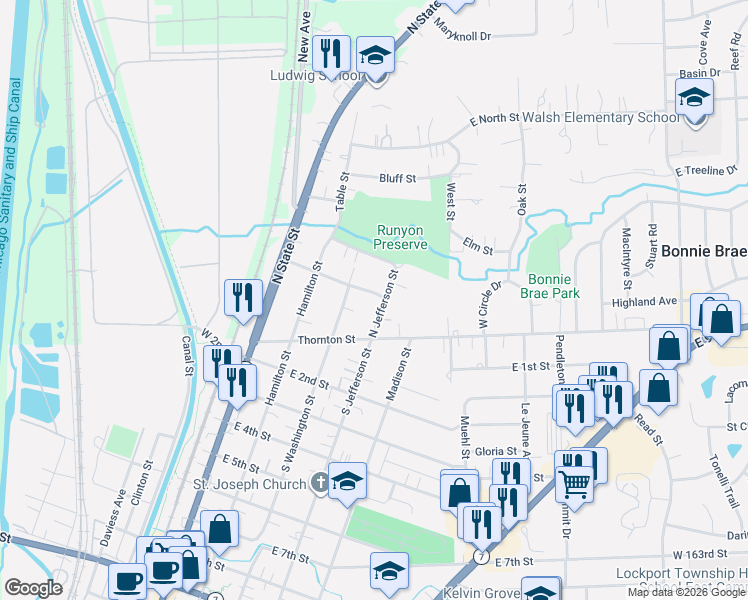 map of restaurants, bars, coffee shops, grocery stores, and more near 125 North Jefferson Street in Lockport