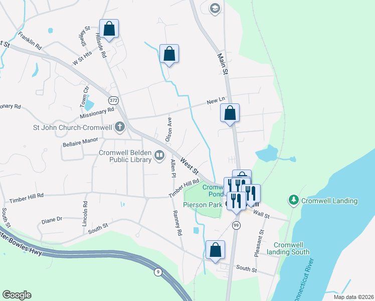 map of restaurants, bars, coffee shops, grocery stores, and more near 34 West Street in Cromwell