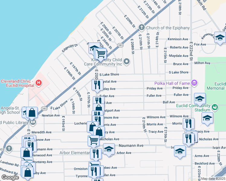 map of restaurants, bars, coffee shops, grocery stores, and more near 20330 Priday Avenue in Euclid