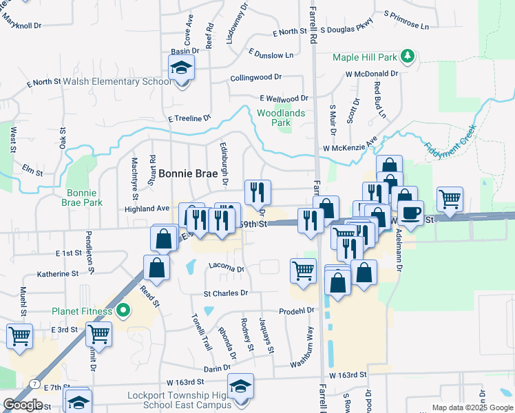 map of restaurants, bars, coffee shops, grocery stores, and more near 203 Robson Drive in Lockport