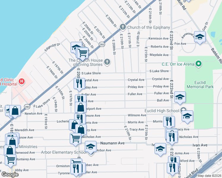 map of restaurants, bars, coffee shops, grocery stores, and more near 20750 Priday Avenue in Euclid