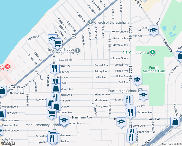map of restaurants, bars, coffee shops, grocery stores, and more near 21001 Fuller Avenue in Euclid