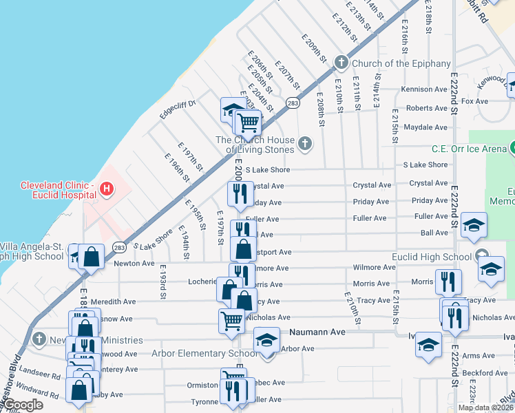 map of restaurants, bars, coffee shops, grocery stores, and more near 20321 Fuller Avenue in Euclid