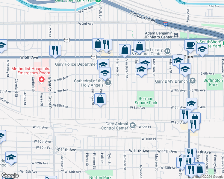 map of restaurants, bars, coffee shops, grocery stores, and more near 713 Tyler Street in Gary