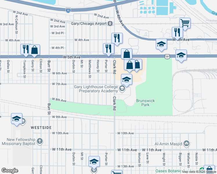 map of restaurants, bars, coffee shops, grocery stores, and more near 739 Porter Street in Gary