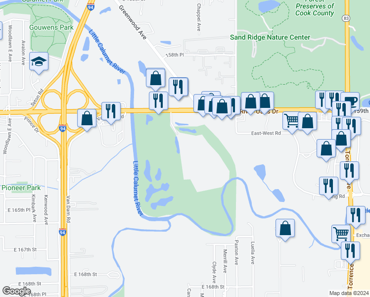 map of restaurants, bars, coffee shops, grocery stores, and more near 100 Park Avenue in Calumet City