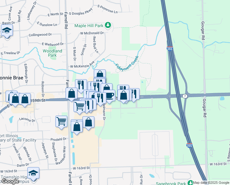map of restaurants, bars, coffee shops, grocery stores, and more near 16518 West 159th Street in Lockport
