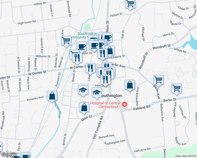 map of restaurants, bars, coffee shops, grocery stores, and more near 37 Eden Avenue in Southington