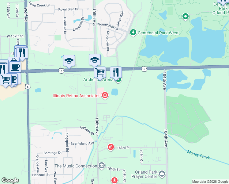 map of restaurants, bars, coffee shops, grocery stores, and more near 10744 161st Street in Orland Park