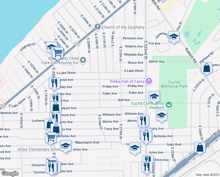map of restaurants, bars, coffee shops, grocery stores, and more near 21300 Priday Avenue in Euclid