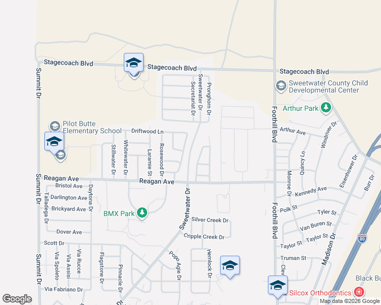map of restaurants, bars, coffee shops, grocery stores, and more near 1001 Peachwood Dr in Rock Springs