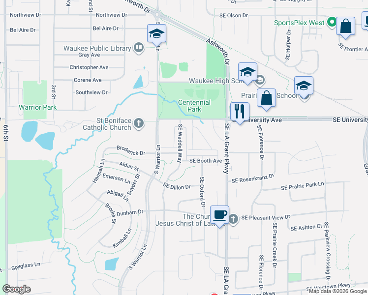 map of restaurants, bars, coffee shops, grocery stores, and more near 1385 Southeast Waddell Way in Waukee