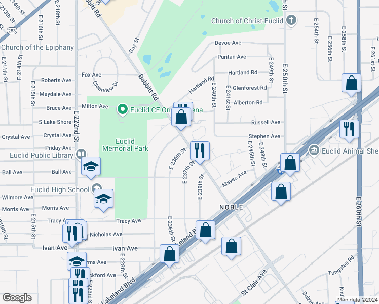 map of restaurants, bars, coffee shops, grocery stores, and more near 770 Babbitt Road in Euclid