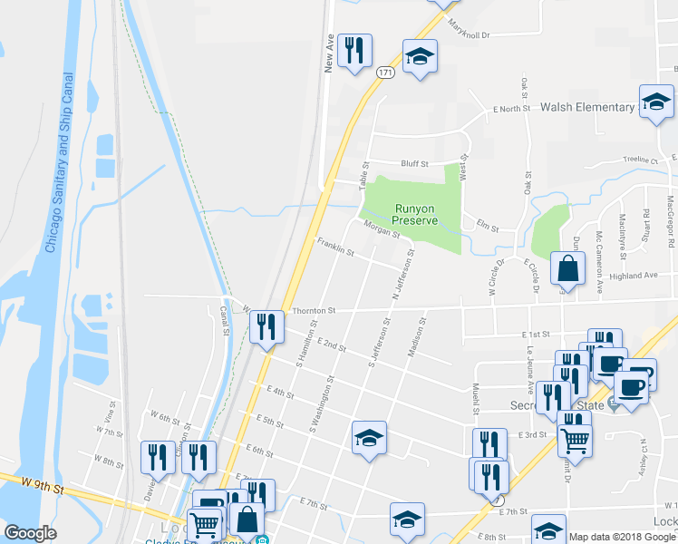 map of restaurants, bars, coffee shops, grocery stores, and more near 152 North Hamilton Street in Lockport