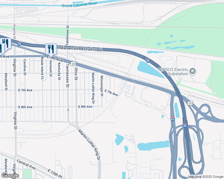 map of restaurants, bars, coffee shops, grocery stores, and more near 671 Illinois Street in Gary