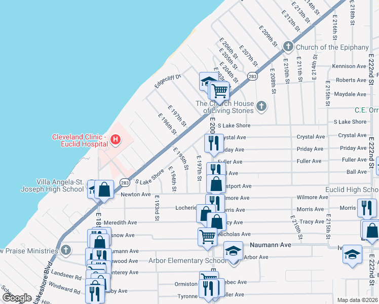 map of restaurants, bars, coffee shops, grocery stores, and more near 19630 South Lake Shore in Euclid