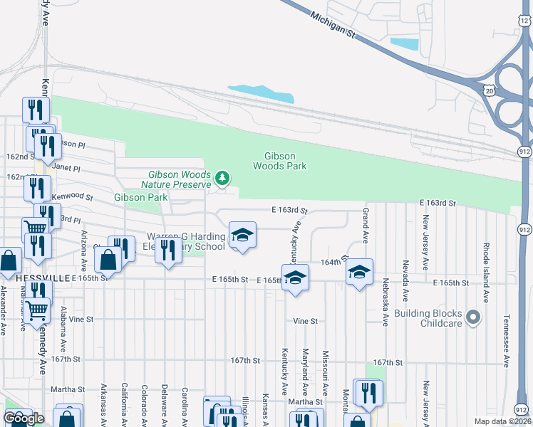 map of restaurants, bars, coffee shops, grocery stores, and more near 3323 Kenwood Street in Hammond