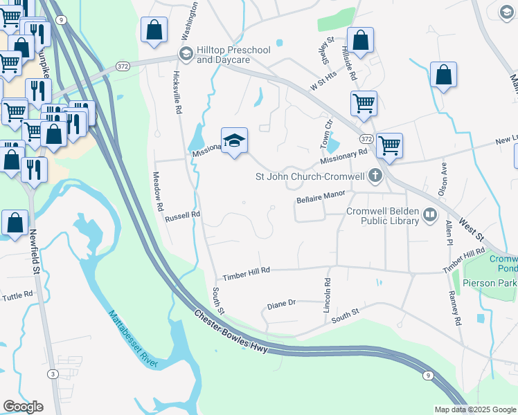 map of restaurants, bars, coffee shops, grocery stores, and more near 501 Rook Road in Cromwell