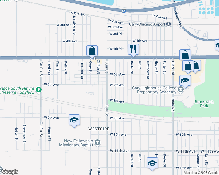 map of restaurants, bars, coffee shops, grocery stores, and more near 743 Burr Street in Gary