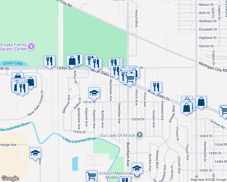 map of restaurants, bars, coffee shops, grocery stores, and more near 1279 Mackinaw Avenue in Calumet City