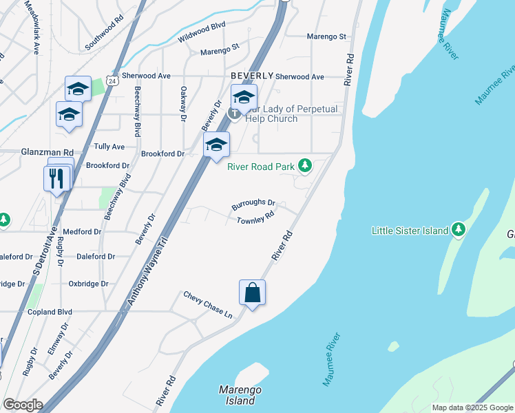 map of restaurants, bars, coffee shops, grocery stores, and more near 2225-2233 Townley Road in Toledo