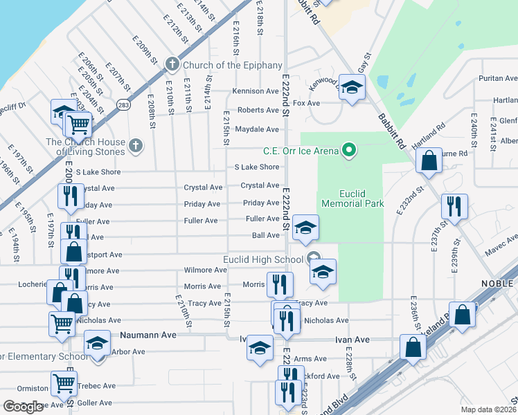 map of restaurants, bars, coffee shops, grocery stores, and more near 22000 Fuller Avenue in Euclid