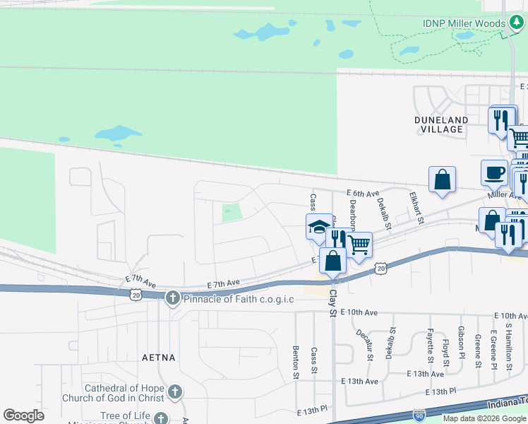 map of restaurants, bars, coffee shops, grocery stores, and more near 4419 East 6th Place in Gary