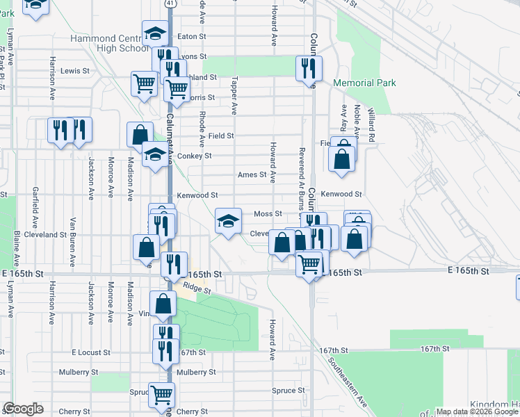 map of restaurants, bars, coffee shops, grocery stores, and more near Tapper Avenue in Hammond