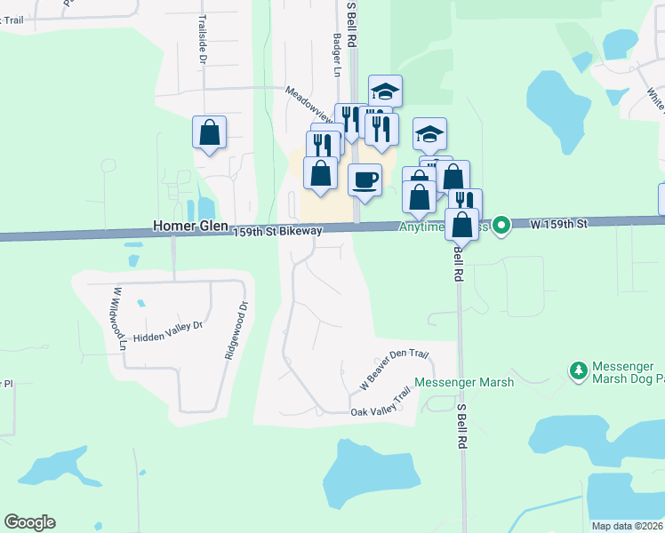 map of restaurants, bars, coffee shops, grocery stores, and more near 12838 White Oak Court in Homer Glen
