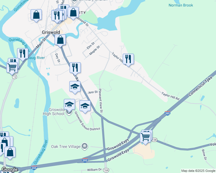 map of restaurants, bars, coffee shops, grocery stores, and more near 122 Pleasant View Street in Griswold