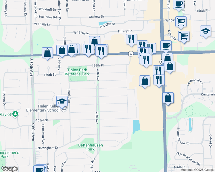 map of restaurants, bars, coffee shops, grocery stores, and more near 7529 161st Street in Tinley Park