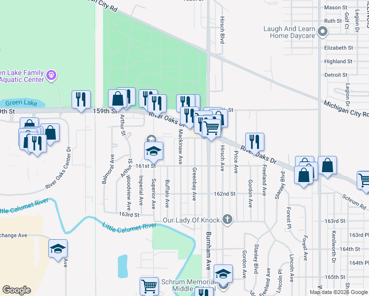 map of restaurants, bars, coffee shops, grocery stores, and more near 1263 Mackinaw Avenue in Calumet City