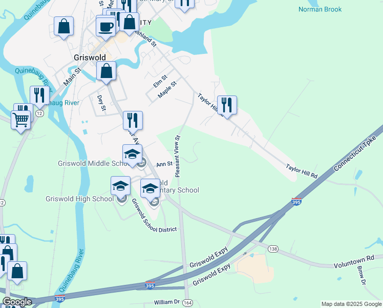 map of restaurants, bars, coffee shops, grocery stores, and more near 122 Pleasant View Street in Griswold