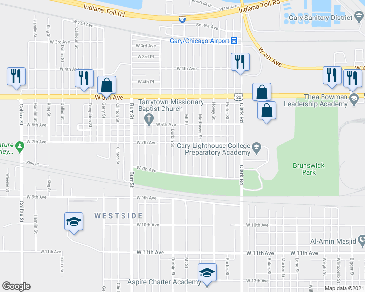 map of restaurants, bars, coffee shops, grocery stores, and more near 5007 West 7th Avenue in Gary